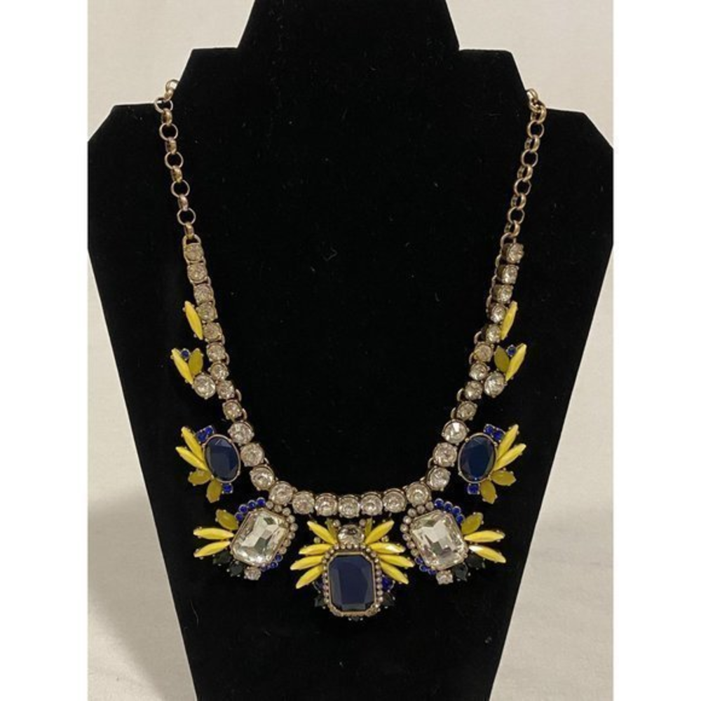 Chunky Gold Tone Statement Necklace Blue‎ Yellow and Clear Rhinestones